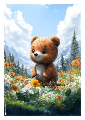 Sød brun bjørn står i blomstereng med bjerge i baggrunden.
