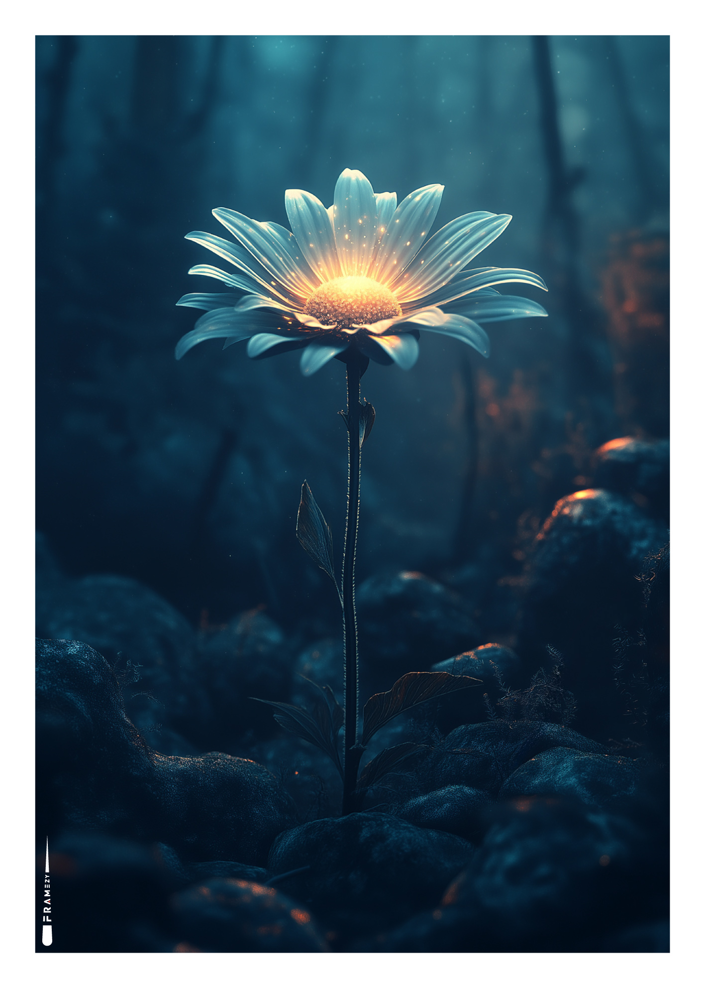 Stemningsfuld plakat af en lysende blomst i en mørk skovbund med eventyrlig glød.