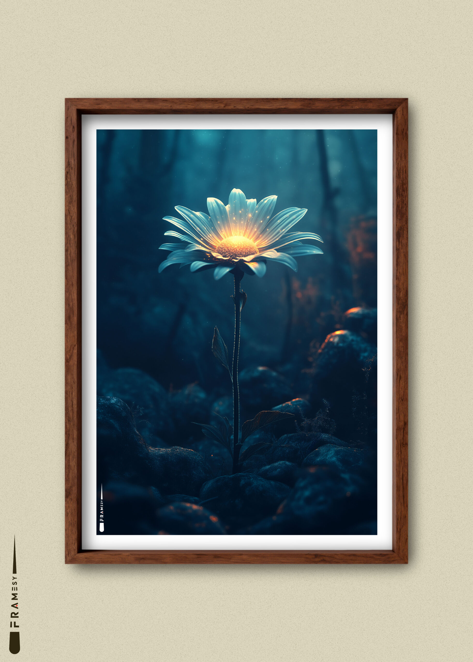 Stemningsfuld plakat af en lysende blomst i en mørk skovbund med eventyrlig glød.