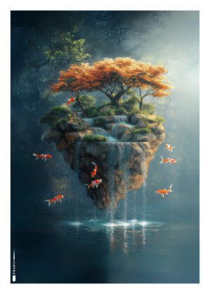 Plakat af flydende ø med træer, vandfald og koi-fisk i eventyrligt lys.