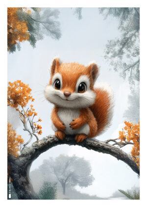 Plakat med et nuttet egern på en gren i efterårsskov – perfekt til børneværelset.