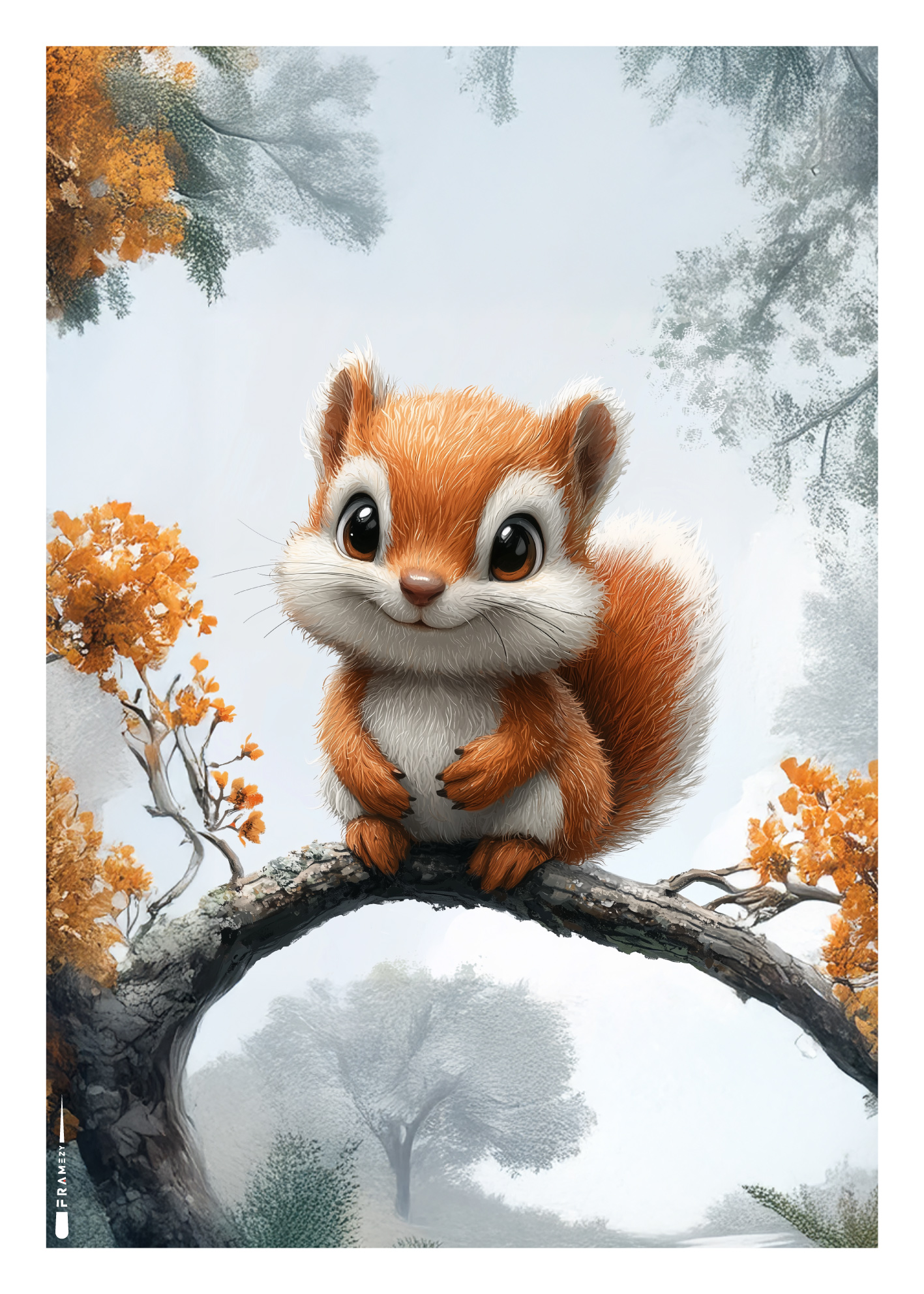 Plakat med et nuttet egern på en gren i efterårsskov – perfekt til børneværelset.