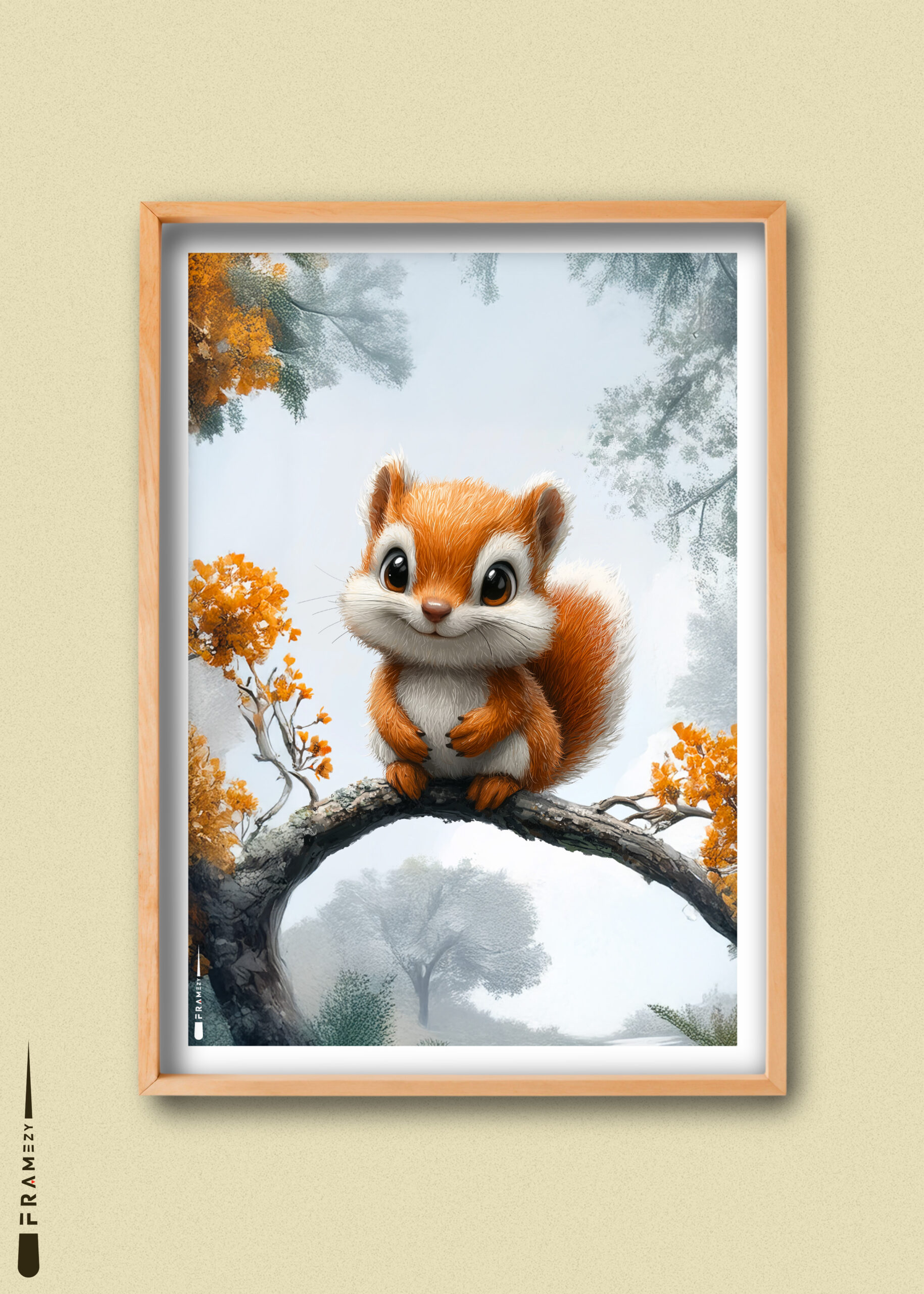 Plakat med et nuttet egern på en gren i efterårsskov – perfekt til børneværelset.