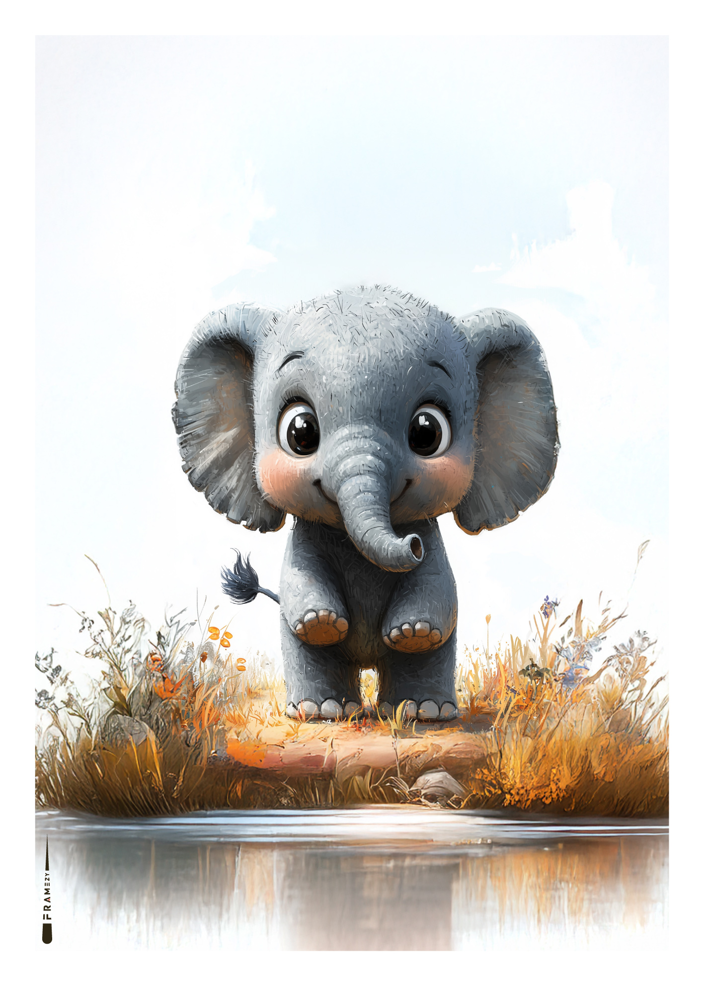 Sød plakat med baby-elefant ved vandkant – ideel til børneværelset.