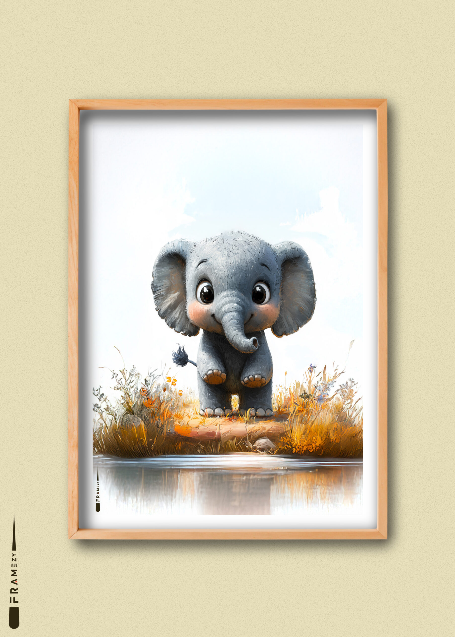 Sød plakat med baby-elefant ved vandkant – ideel til børneværelset.