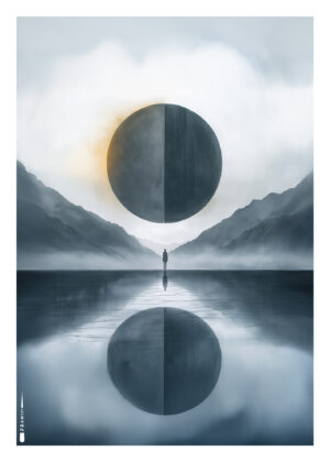 Evig Eclips er en surrealistisk og symbolsk plakat, hvor en person står alene under en gigantisk halvmørk sfære. Landskabet spejles i en stilren, tåget sø, og skaber en meditativ og næsten kosmisk stemning. Perfekt til moderne og minimalistisk indretning med kant. Trykt på miljøvenligt papir og fås i flere størrelser.