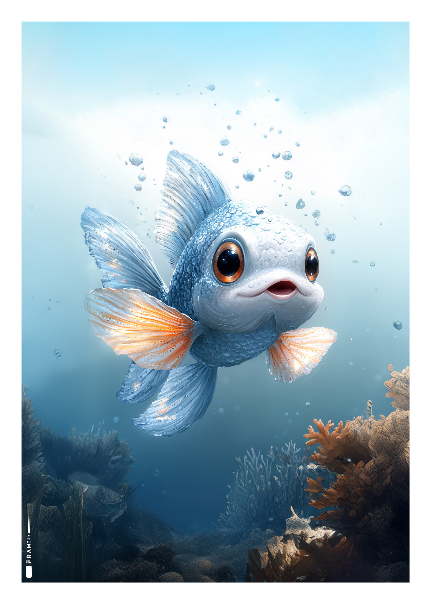 Plakat med smilende fisk under vandet omgivet af koraller og bobler.