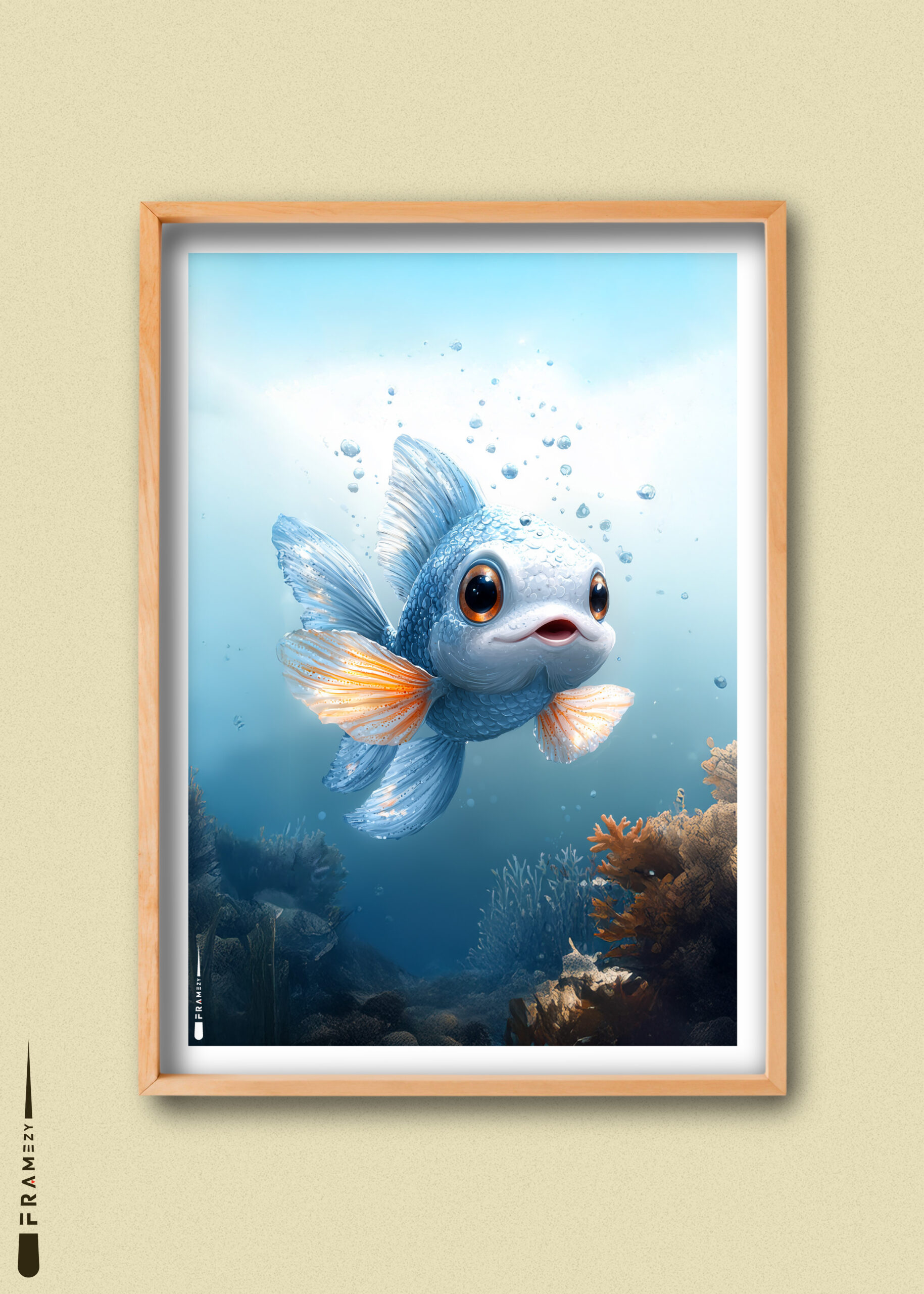 Plakat med smilende fisk under vandet omgivet af koraller og bobler.