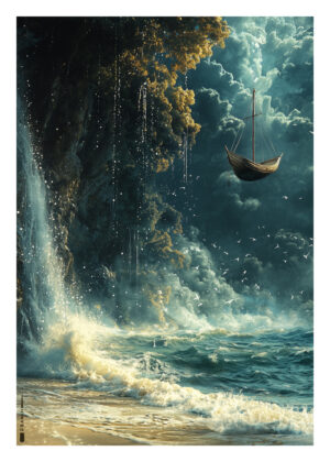 Plakat af svævende sejlskib over havet med brusende bølger og dramatisk belysning.