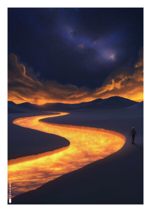 Plakat af gylden flod i mørkt landskab under stjernehimmel og glødende skyer.