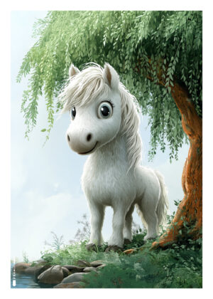 Plakat med hvid pony under et træ – roligt og børnevenligt motiv.