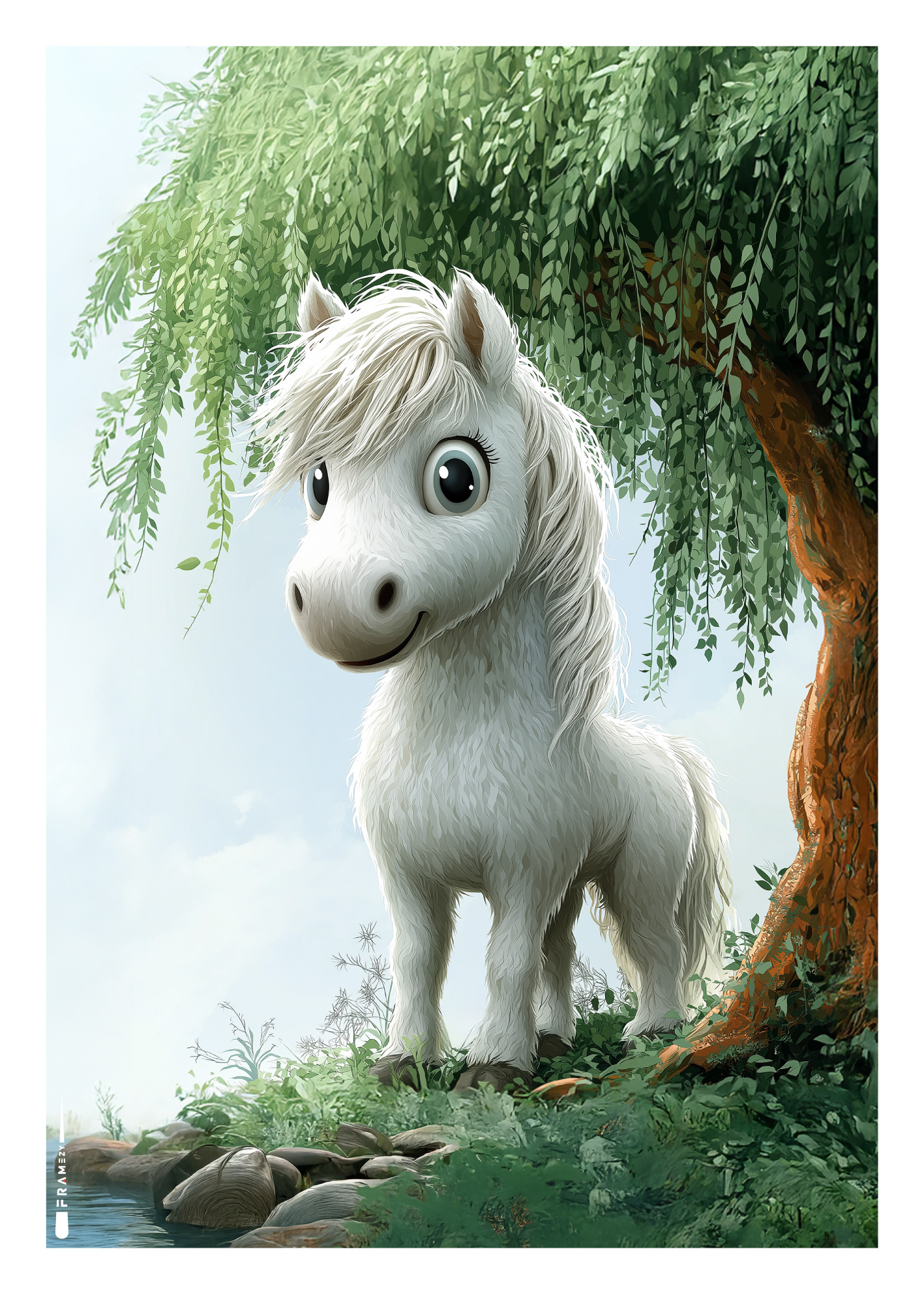 Plakat med hvid pony under et træ – roligt og børnevenligt motiv.