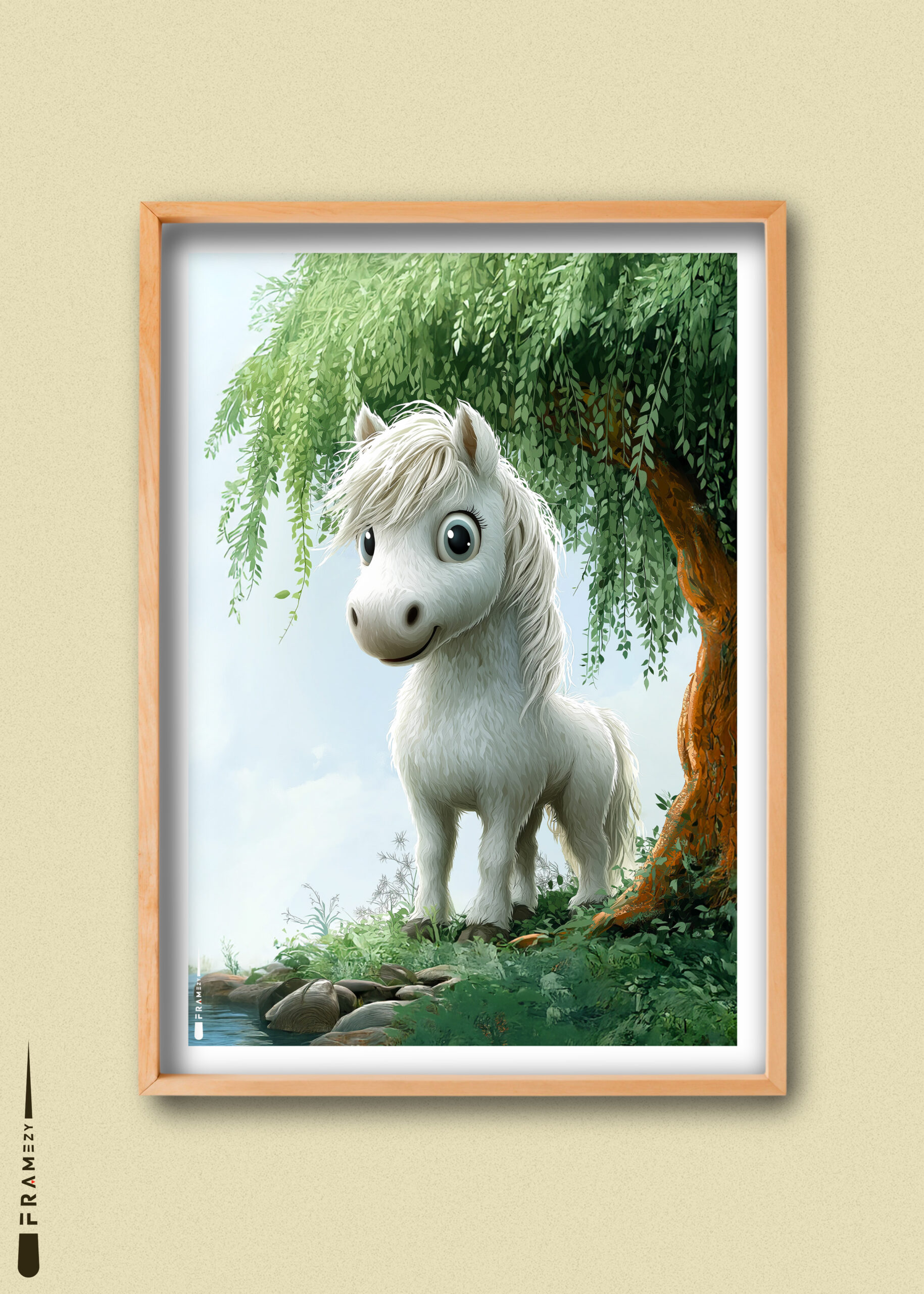 Plakat med hvid pony under et træ – roligt og børnevenligt motiv.