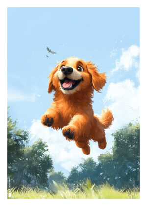 Plakat med glad hund i spring over en eng – sjov og energisk stemning.