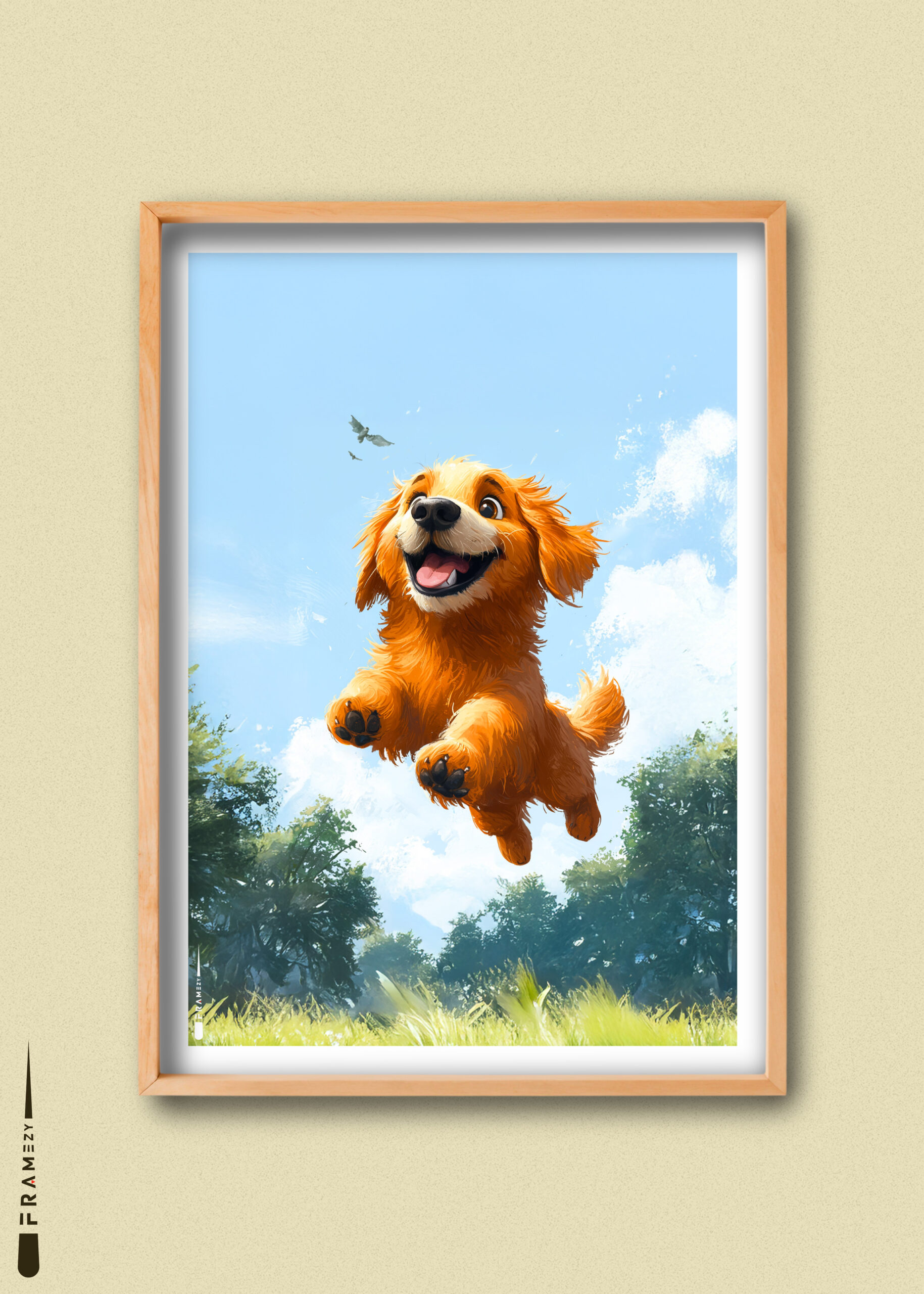 Plakat med glad hund i spring over en eng – sjov og energisk stemning.