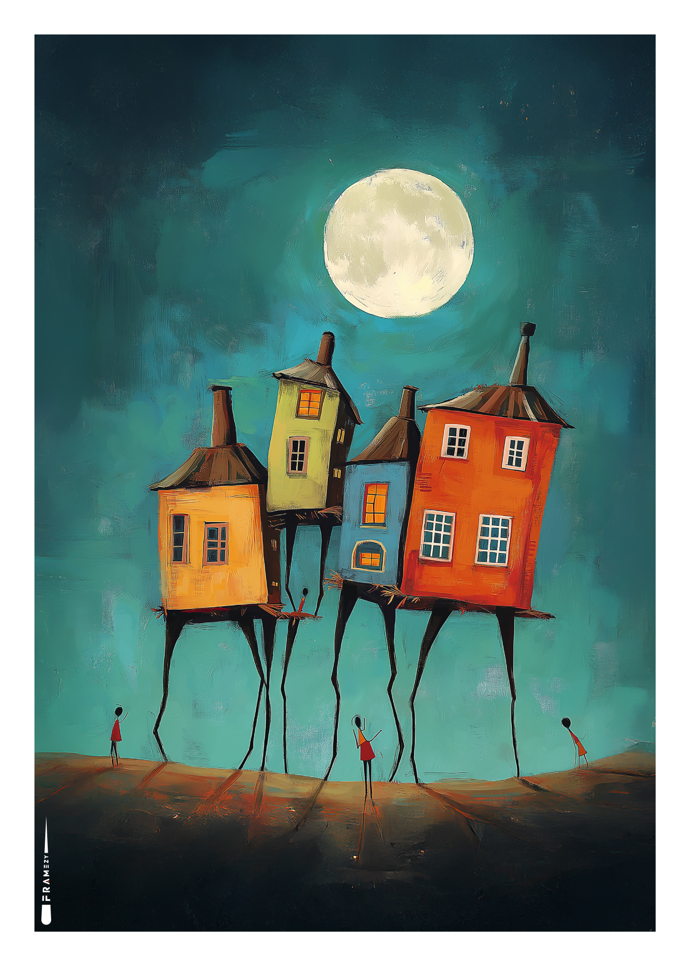 Surrealistisk plakat af huse på stylter under fuldmåne med små figurer i landskabet.