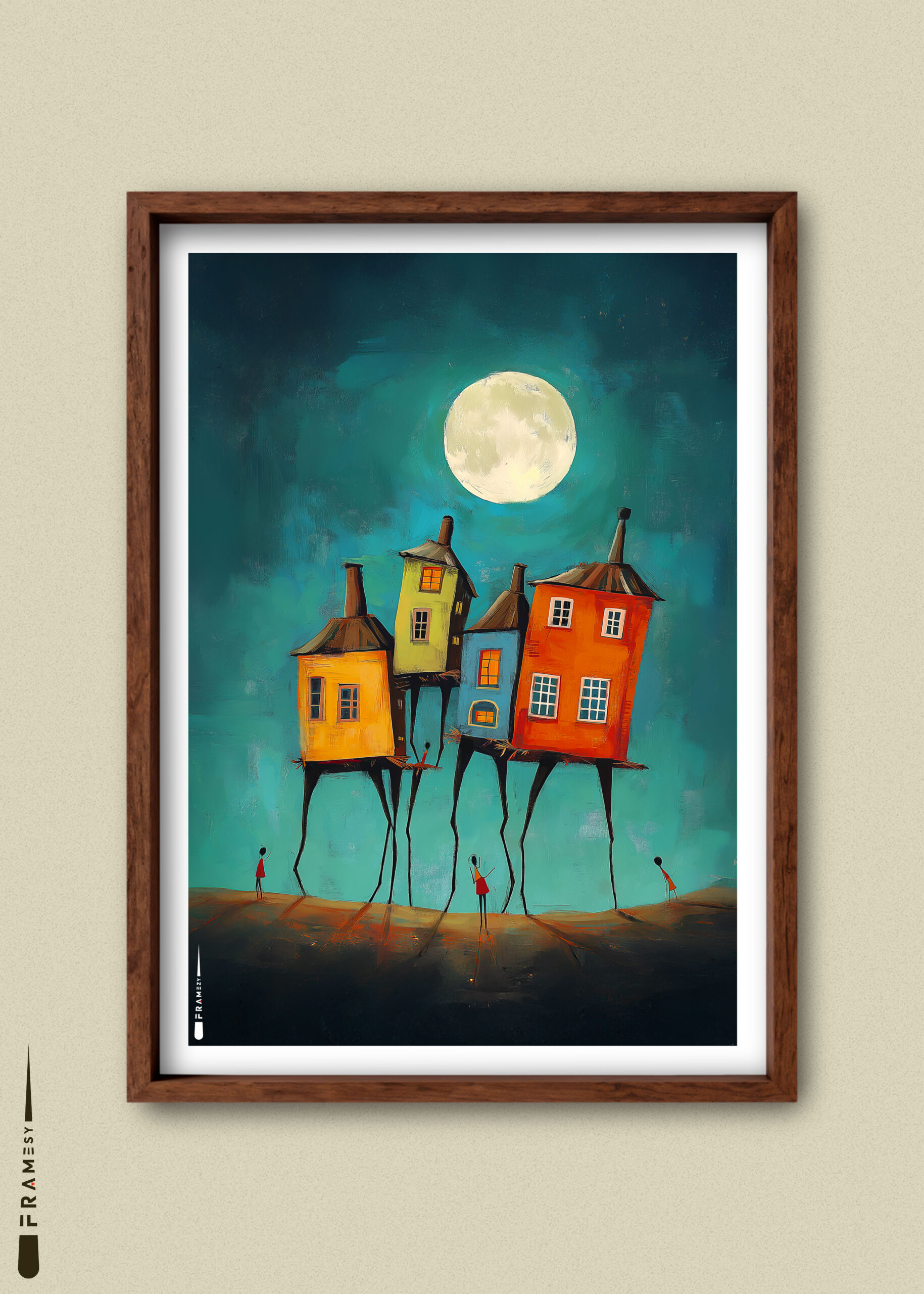 Surrealistisk plakat af huse på stylter under fuldmåne med små figurer i landskabet.