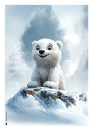 Sød isbjørn på snedækket klippe – hyggelig børneplakat med vintertema.