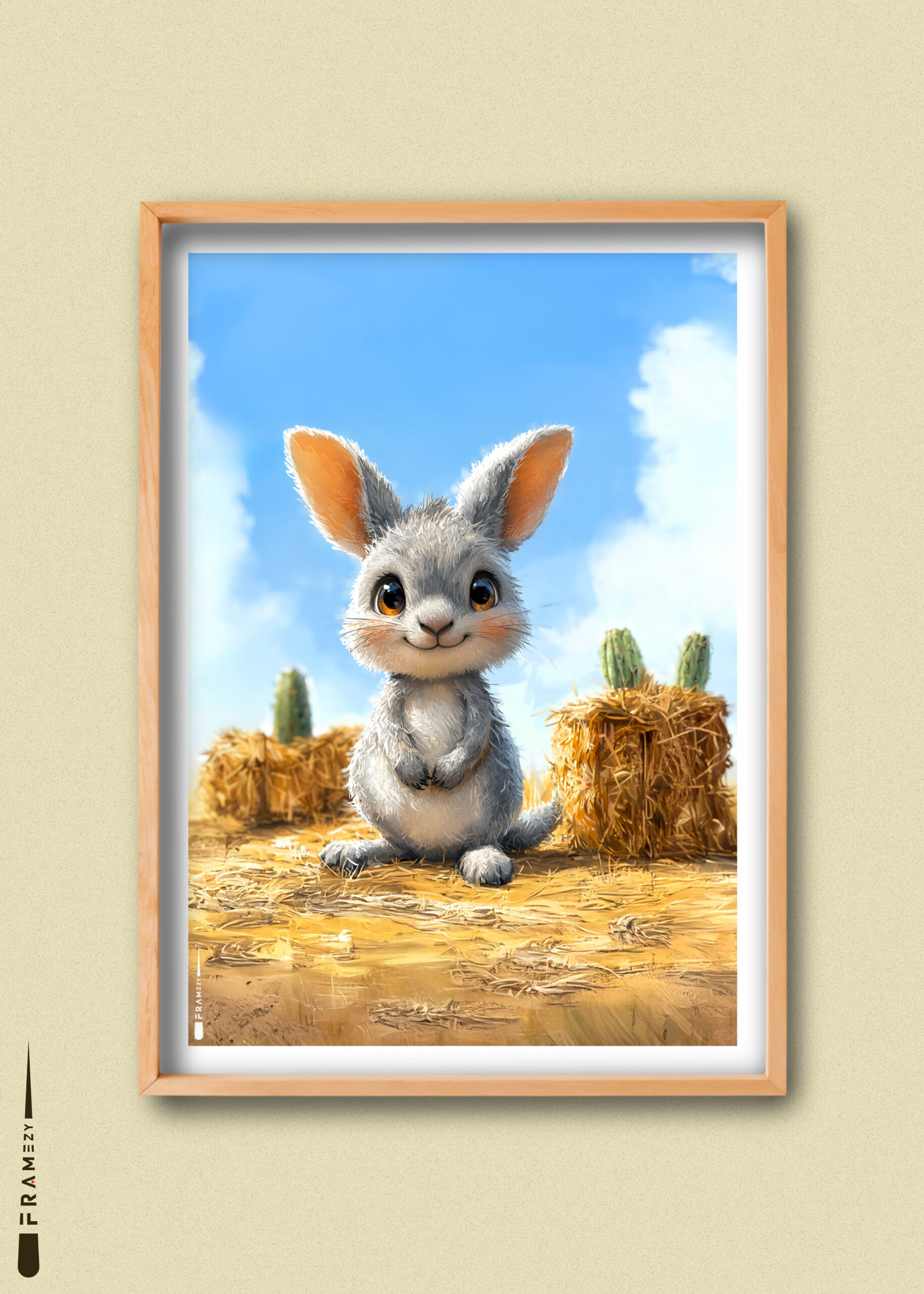 Plakat med baby-kænguru i halmlandskab – sødt motiv til børn.