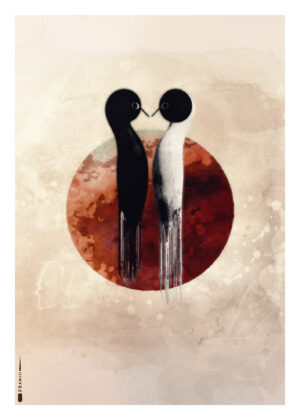 Minimalistisk plakat af to fuglelignende figurer i sort og hvid foran rød cirkel.