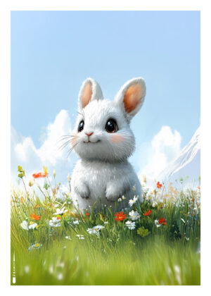 Hvid kanin i blomstereng – nuttet plakat til børneværelset.