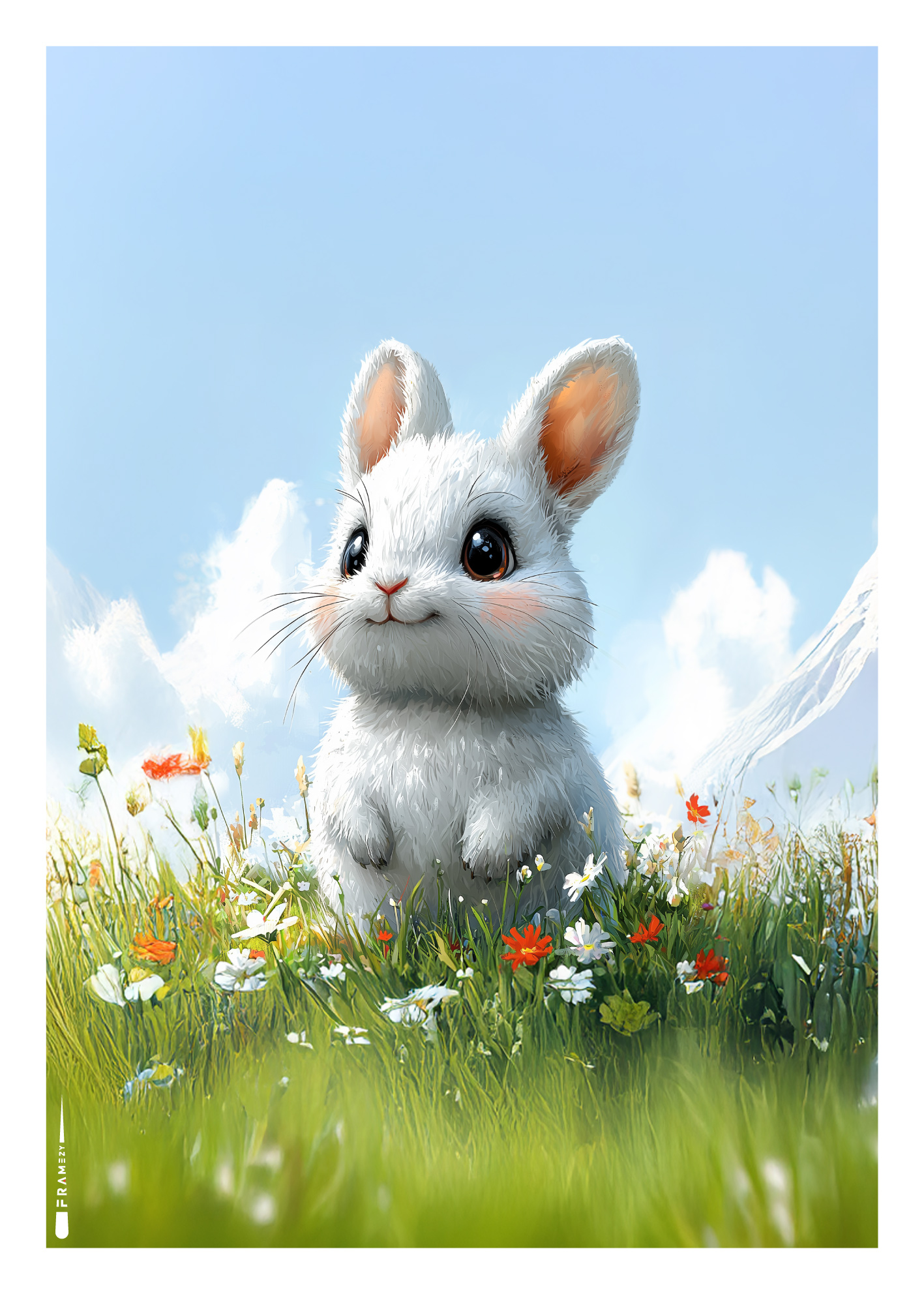 Hvid kanin i blomstereng – nuttet plakat til børneværelset.