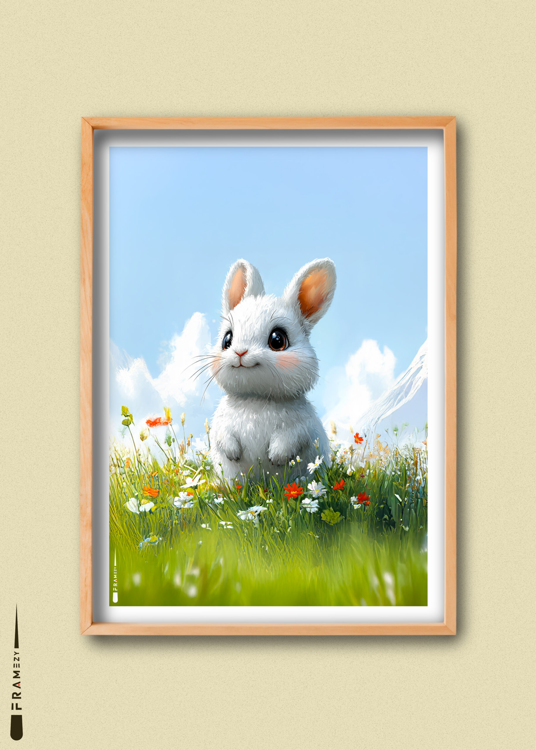 Hvid kanin i blomstereng – nuttet plakat til børneværelset.