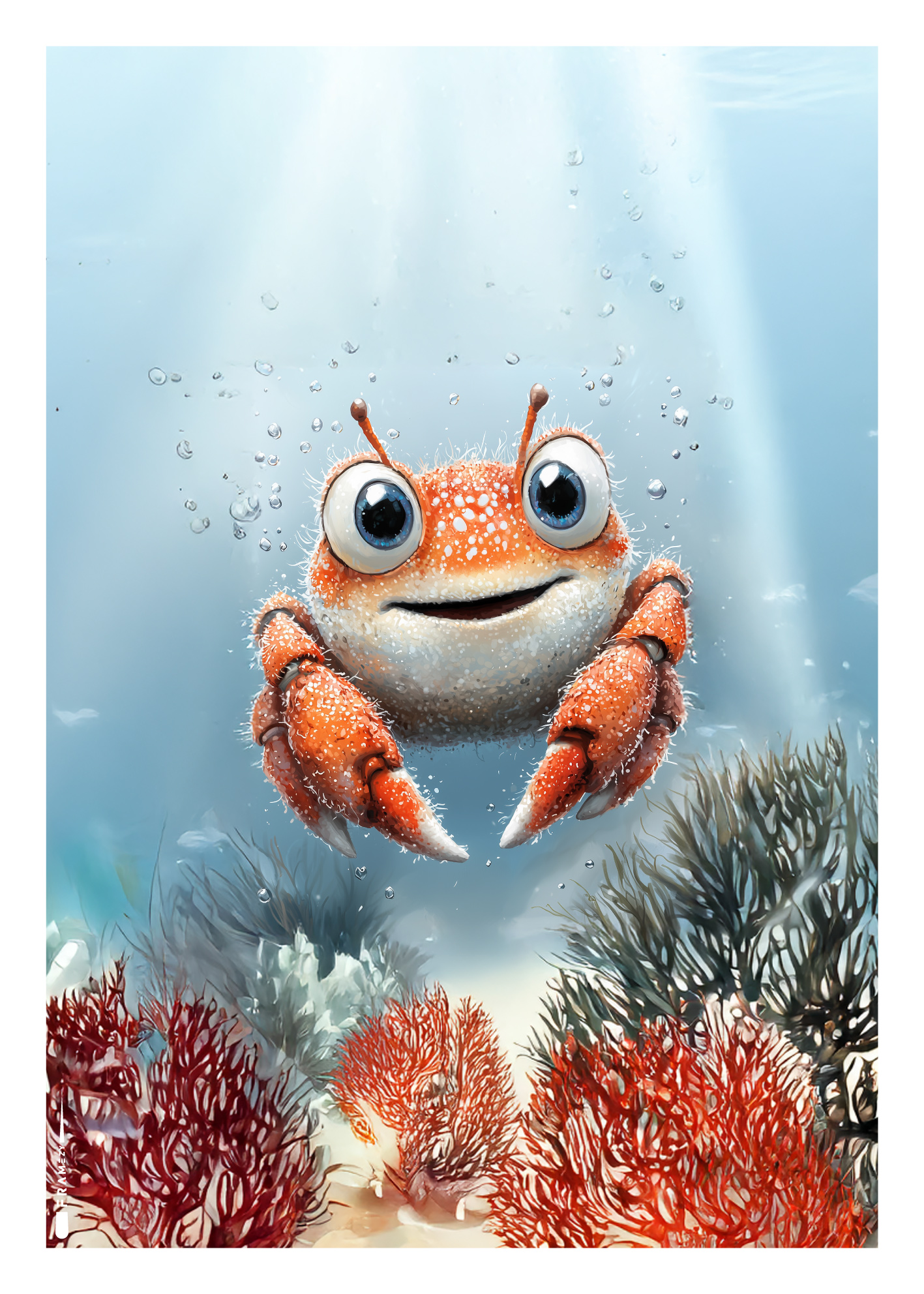 Plakat med glad rød krabbe og koraller – børnevenlig undervandsstemning.