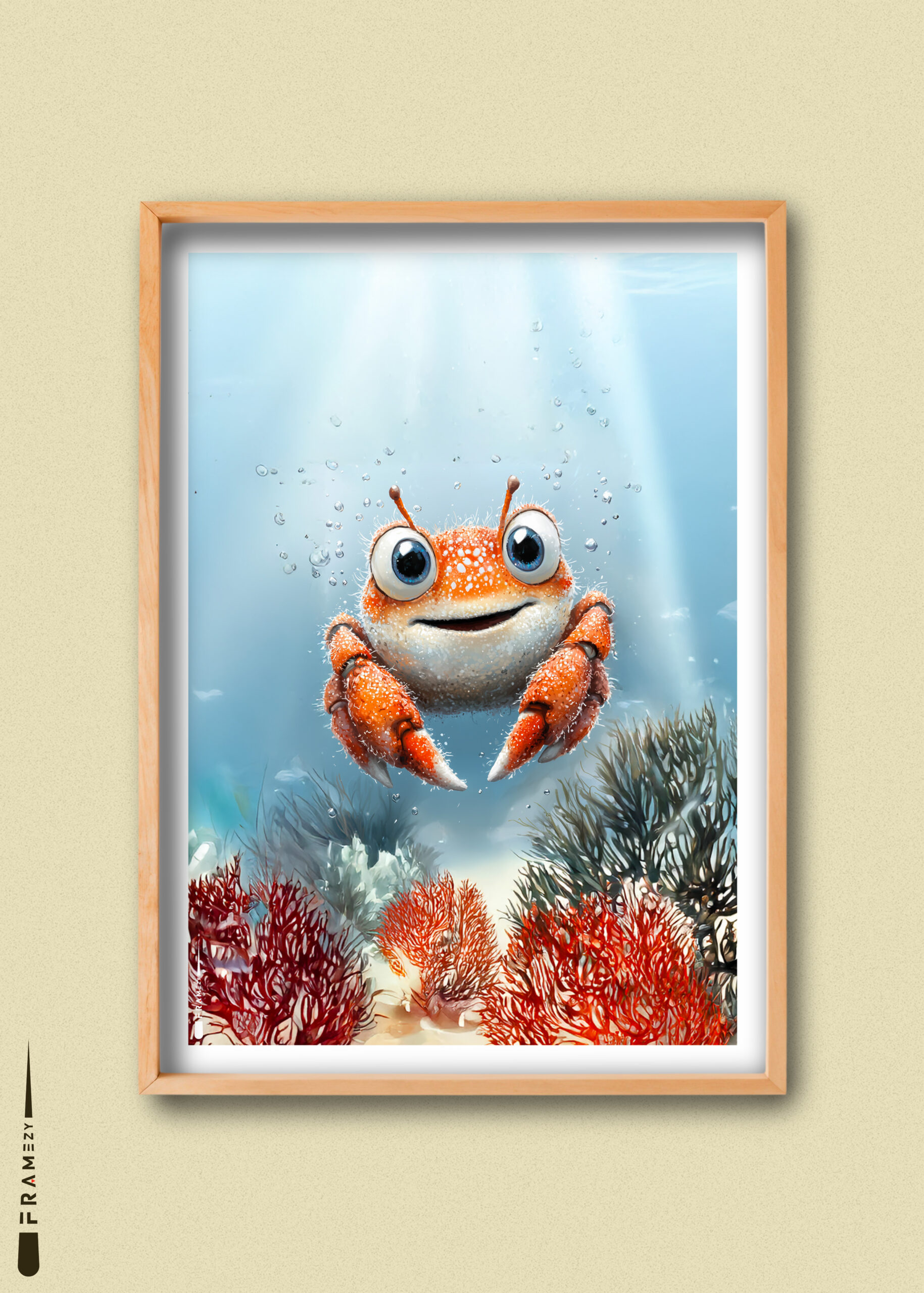 Plakat med glad rød krabbe og koraller – børnevenlig undervandsstemning.