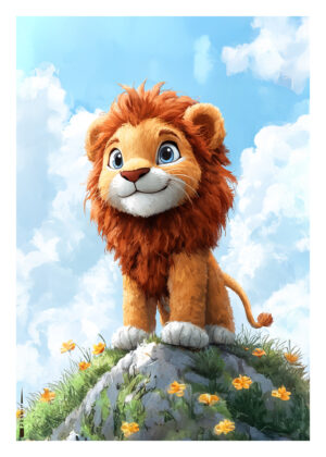 Plakat med baby-løve på bakke omgivet af blomster – børneplakat med eventyrlig stemning.