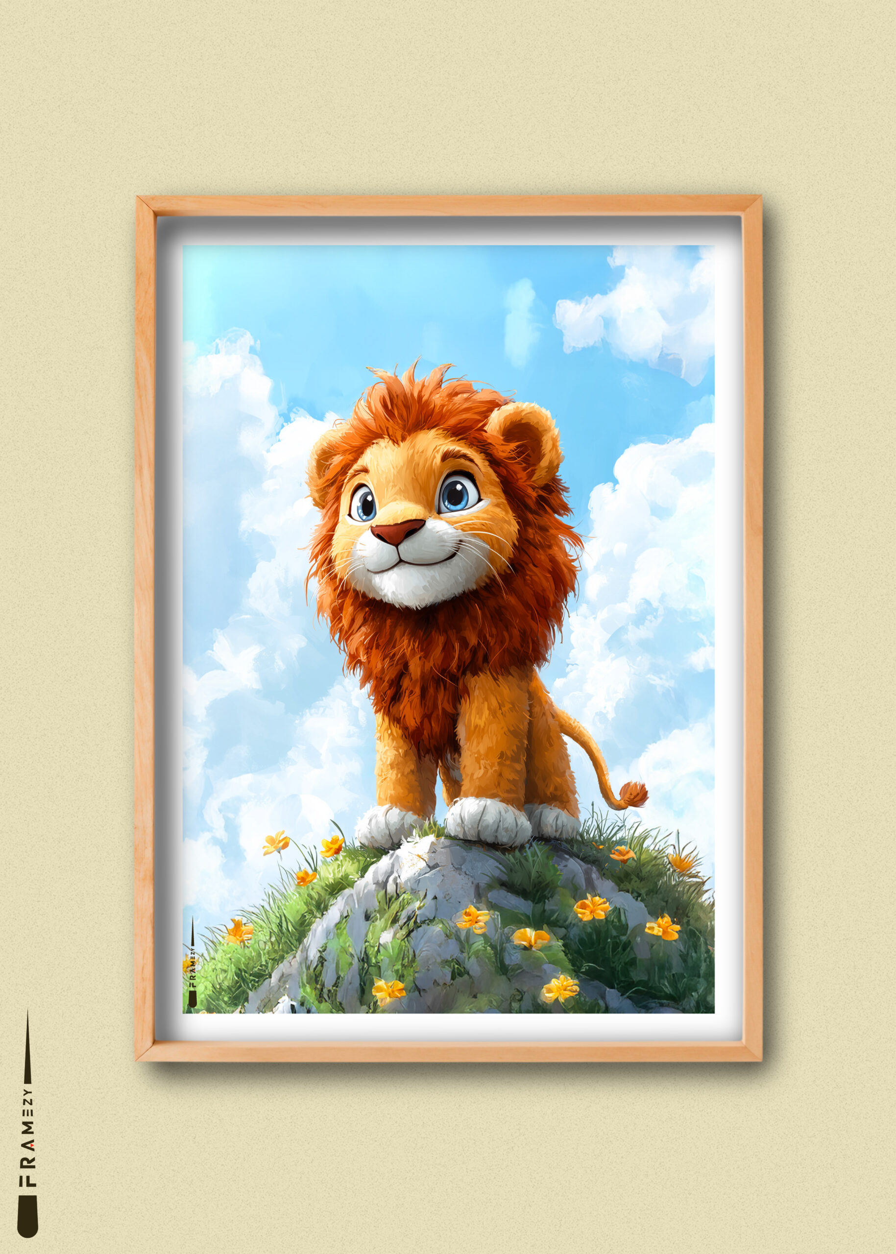 Plakat med baby-løve på bakke omgivet af blomster – børneplakat med eventyrlig stemning.