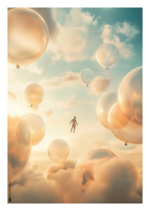 Plakat af person der svæver blandt gennemsigtige balloner i en gylden skyhimmel.