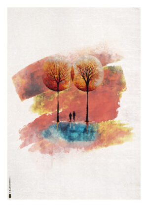 Plakat af to personer under efterårstræer med spejling i blåt vand og farverig baggrund.