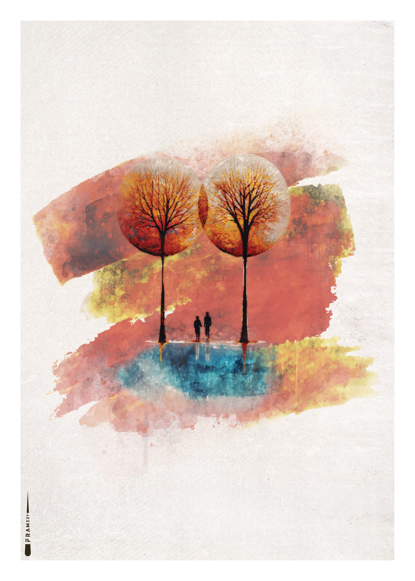 Plakat af to personer under efterårstræer med spejling i blåt vand og farverig baggrund.