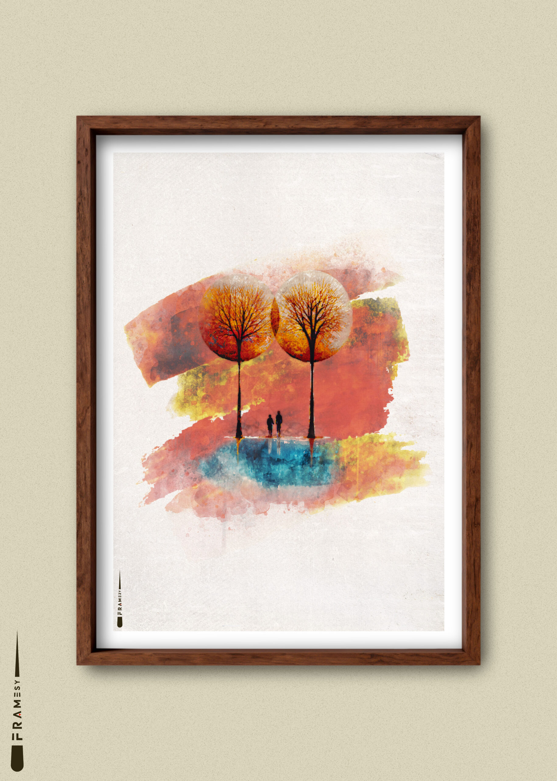 Plakat af to personer under efterårstræer med spejling i blåt vand og farverig baggrund.