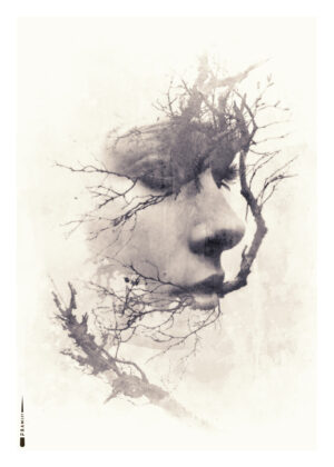 Sort-hvid plakat af kvindeligt ansigt i dobbelt eksponering med grene.