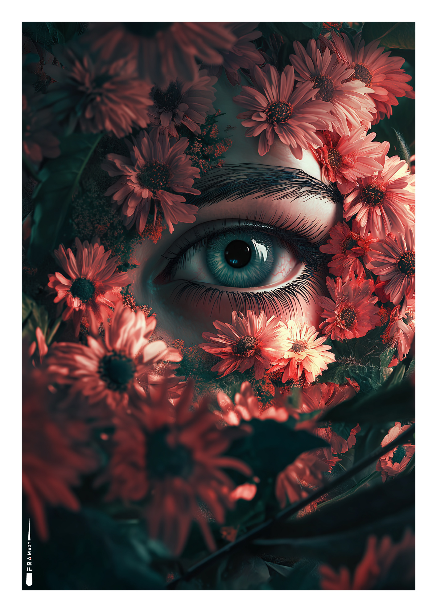 Plakat med blåt øje omgivet af røde blomster i en mørk og dramatisk stemning.
