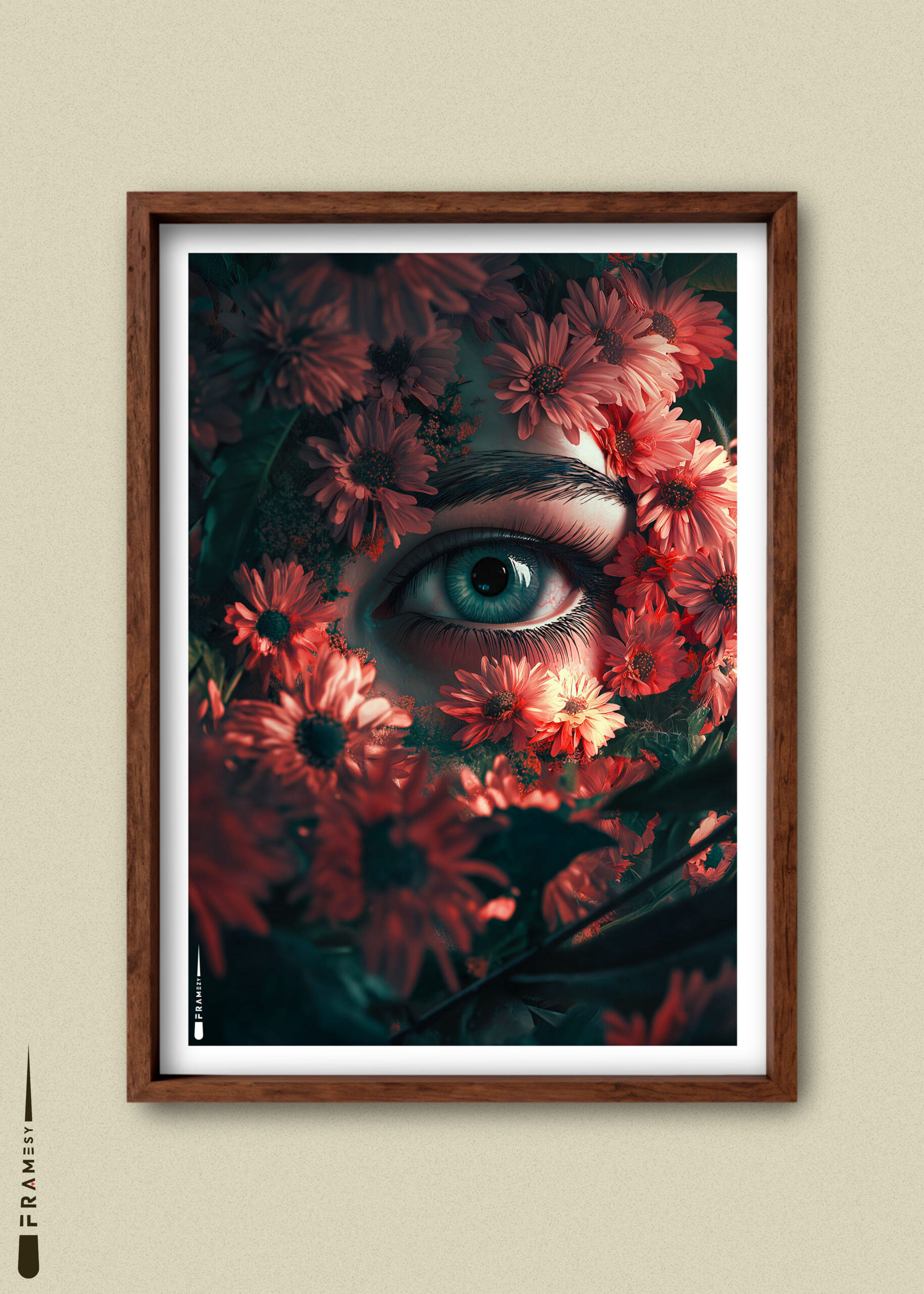 Plakat med blåt øje omgivet af røde blomster i en mørk og dramatisk stemning.