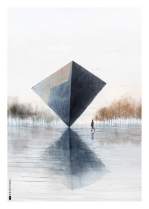 Plakat med stor diamantformet struktur og silhuet foran spejlblank overflade.