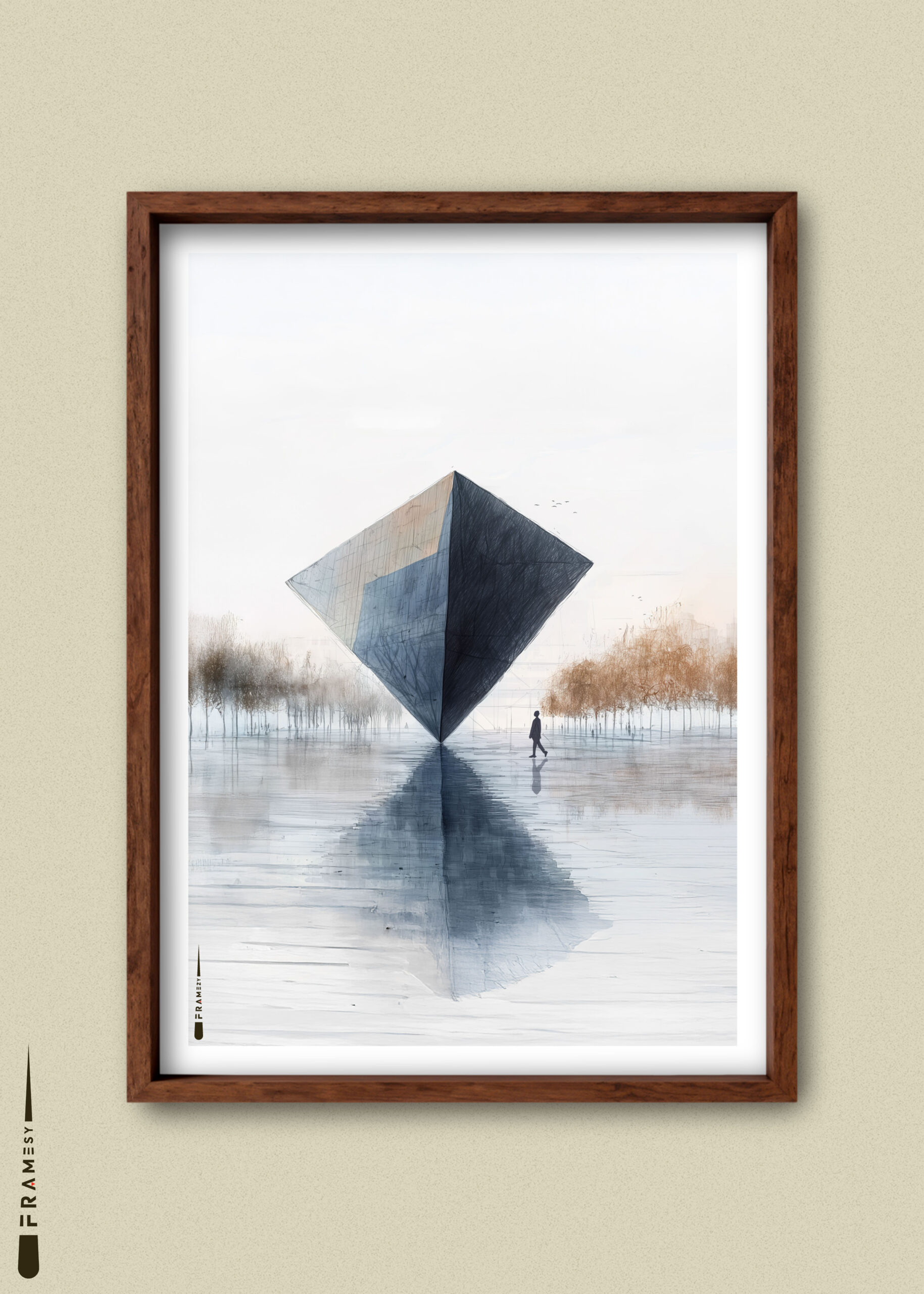 Plakat med stor diamantformet struktur og silhuet foran spejlblank overflade.