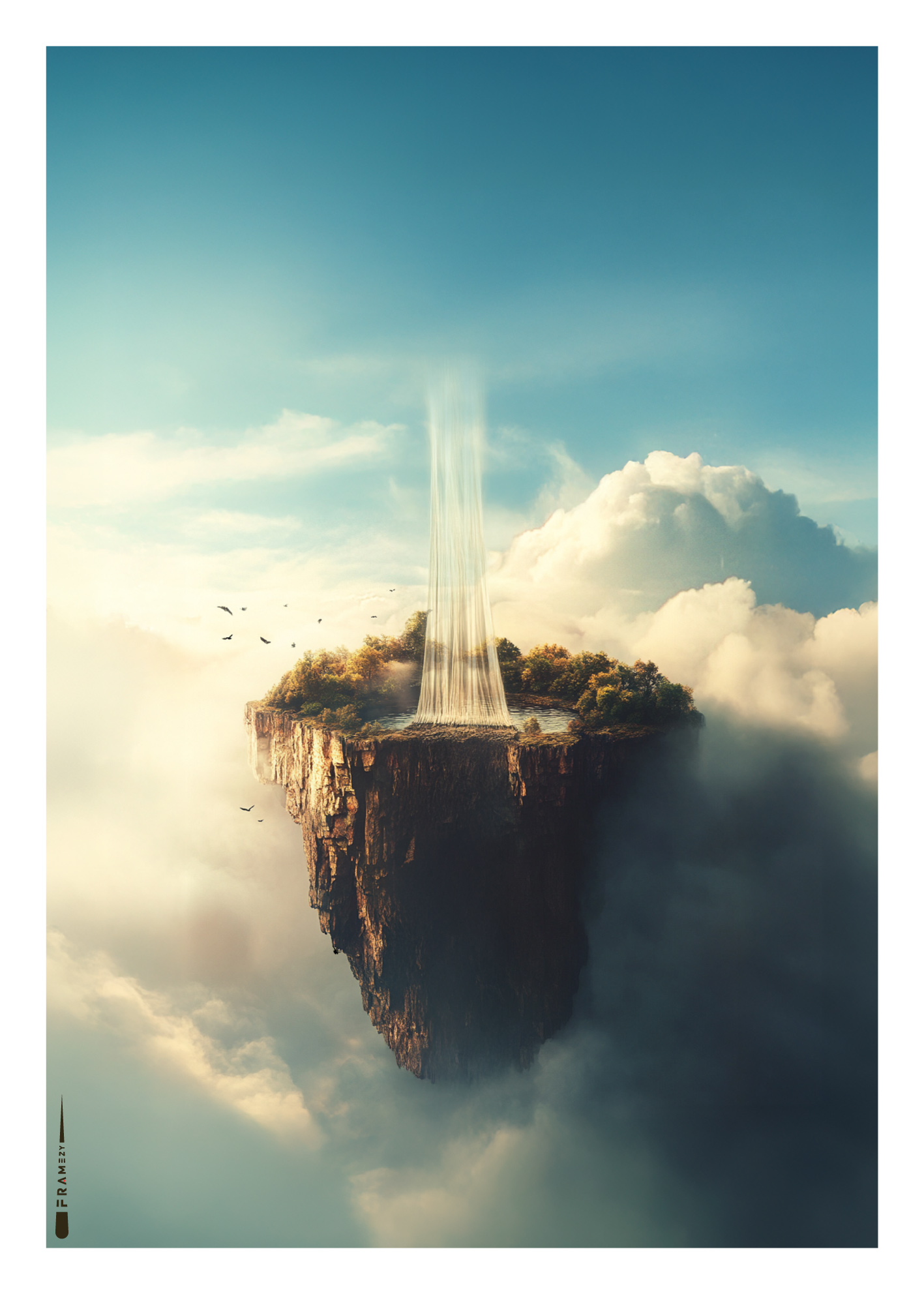 Plakat med vandfald der strømmer opad fra flyvende klippe omgivet af skyer.