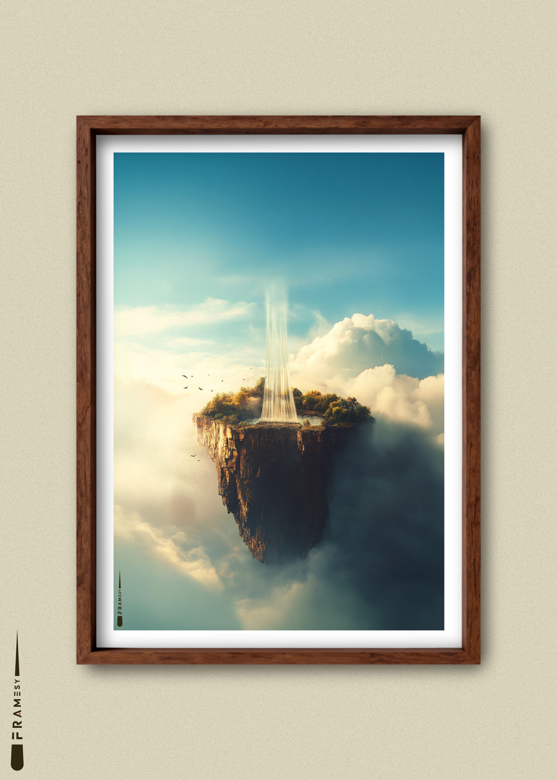 Plakat med vandfald der strømmer opad fra flyvende klippe omgivet af skyer.