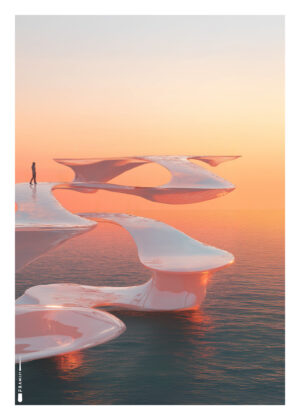 Plakat med menneske på futuristisk sti over havet i solnedgang.