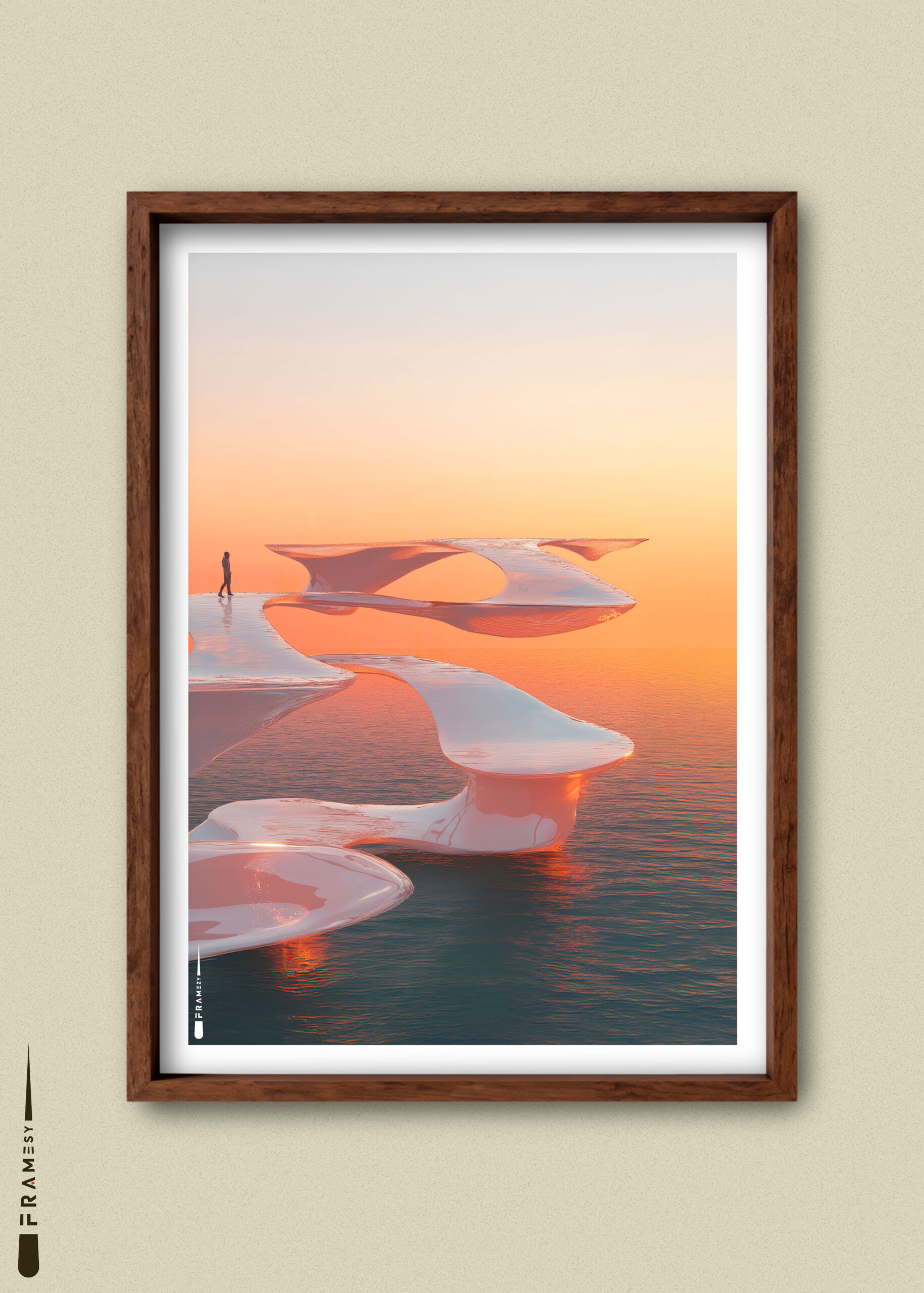 Plakat med menneske på futuristisk sti over havet i solnedgang.