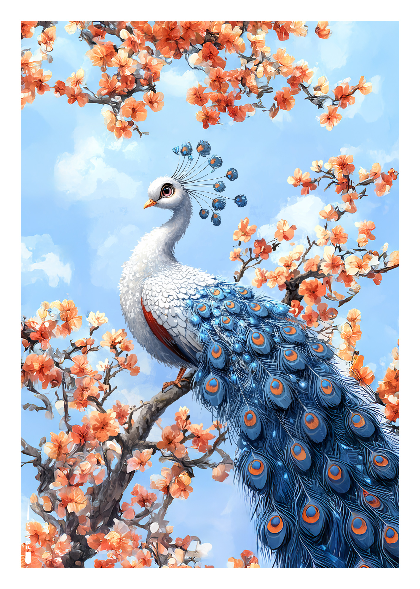 Plakat med smuk påfugl siddende på gren omgivet af orange blomster