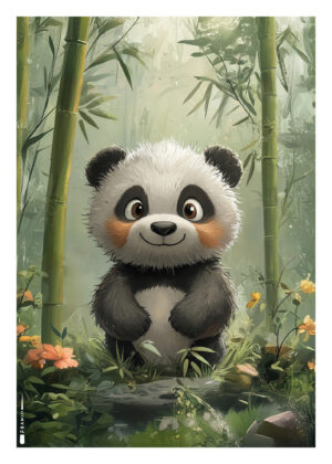 Sødt panda-motiv i bambusskov med grønne planter og blomster