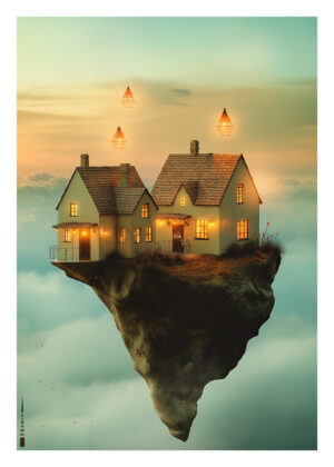 Plakat med to huse svævende på en klippe i himlen omgivet af lanterner.