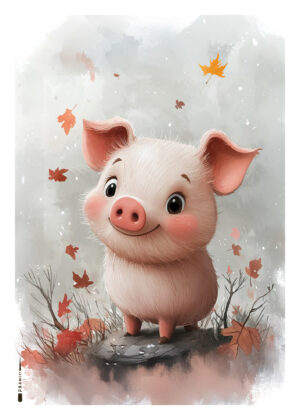 Smilende pattegris blandt efterårsblade og grene