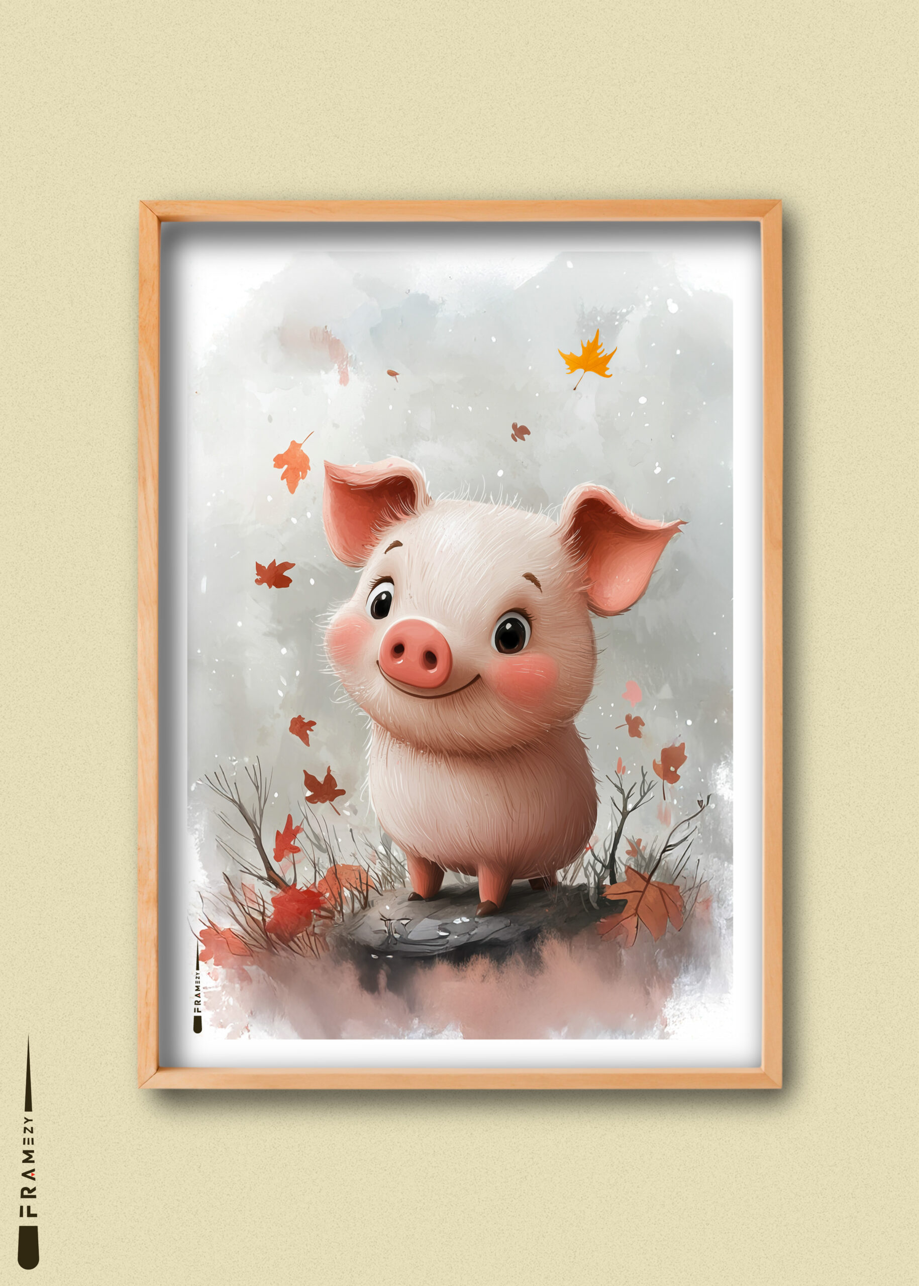 Smilende pattegris blandt efterårsblade og grene