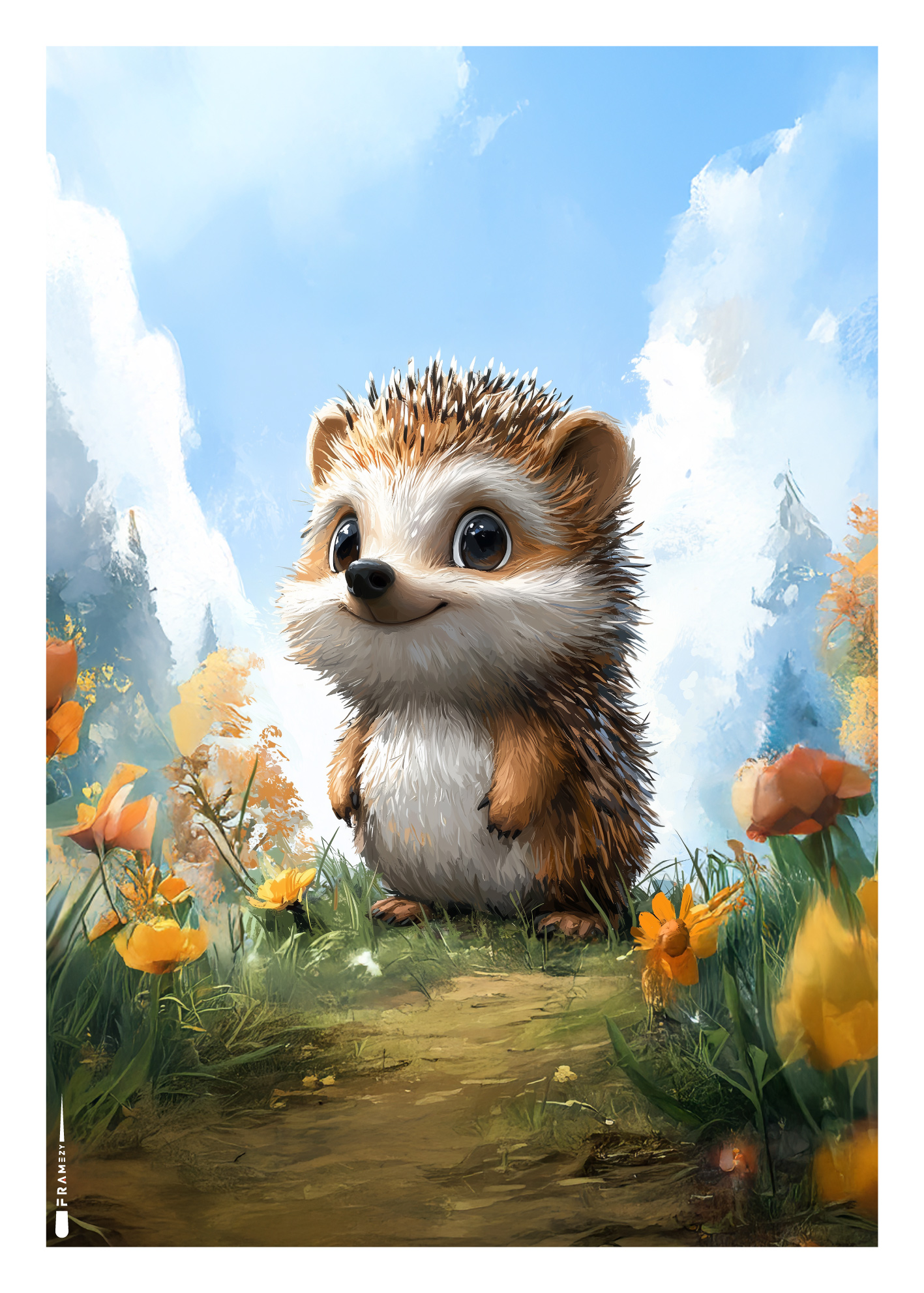 Plakat med sødt pindsvin omgivet af blomster i en skov